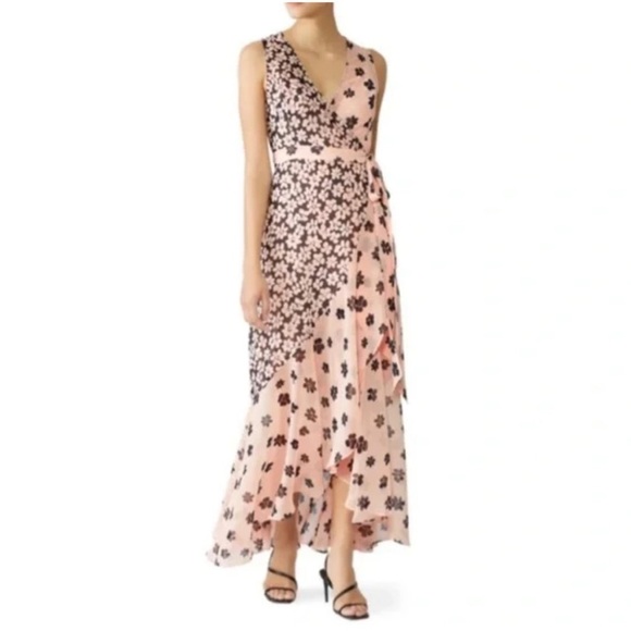 FAME PARTNERS Pink Floral Printed Chiffon Sleeveless Wrap Dress Size 2 - Picture 1 of 10